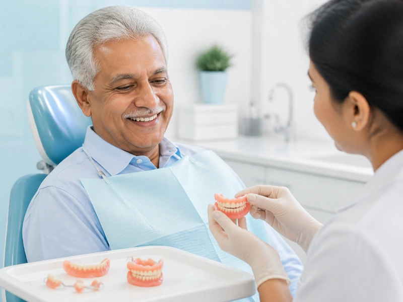 Natural-looking dentures fitted during a dental consultation