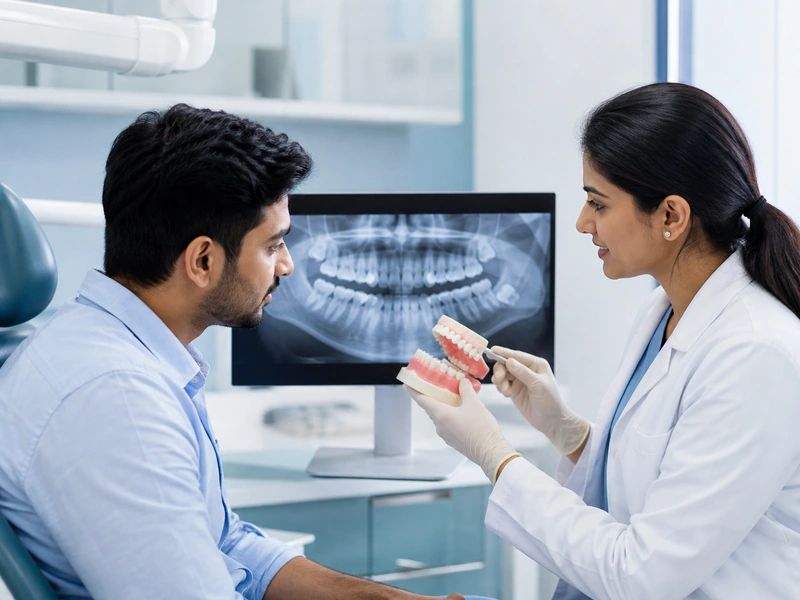 Wisdom tooth consultation with dental X-ray and jaw model